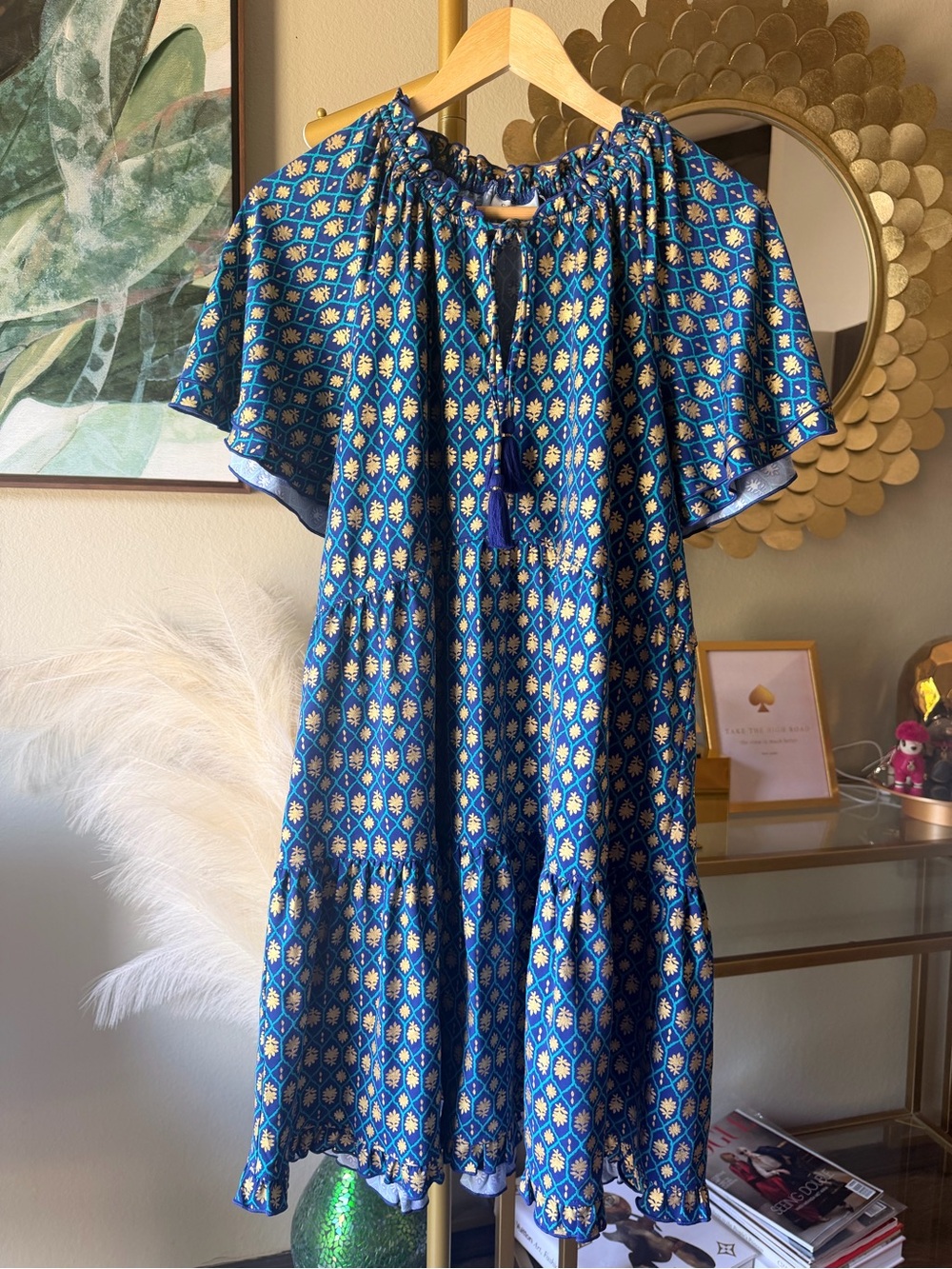 Cabana Life Blue Gold Print Tassel Dress Swim Cover Up Size M Beach Resort - Picture 4 of 17